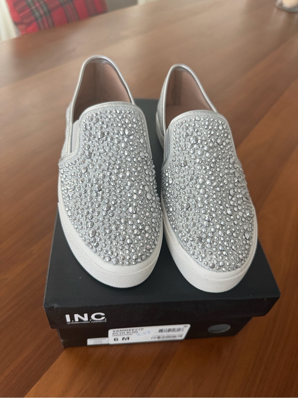 INC International Concepts Silver Crystal-Embellished Slip-On Sneakers (Size 6)
